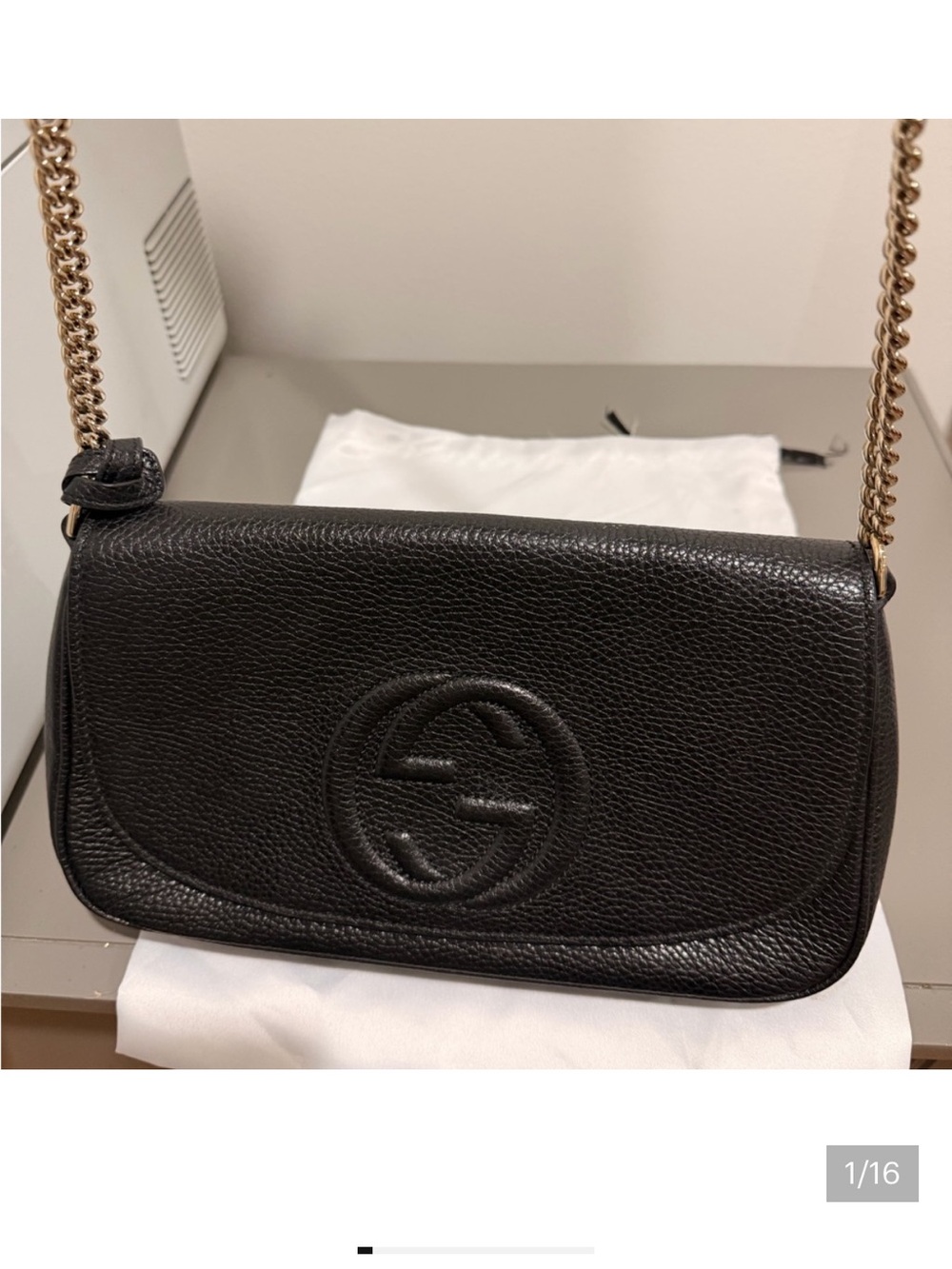 Gucci Black Pebbled Leather Shoulder Bag with Gold Chain